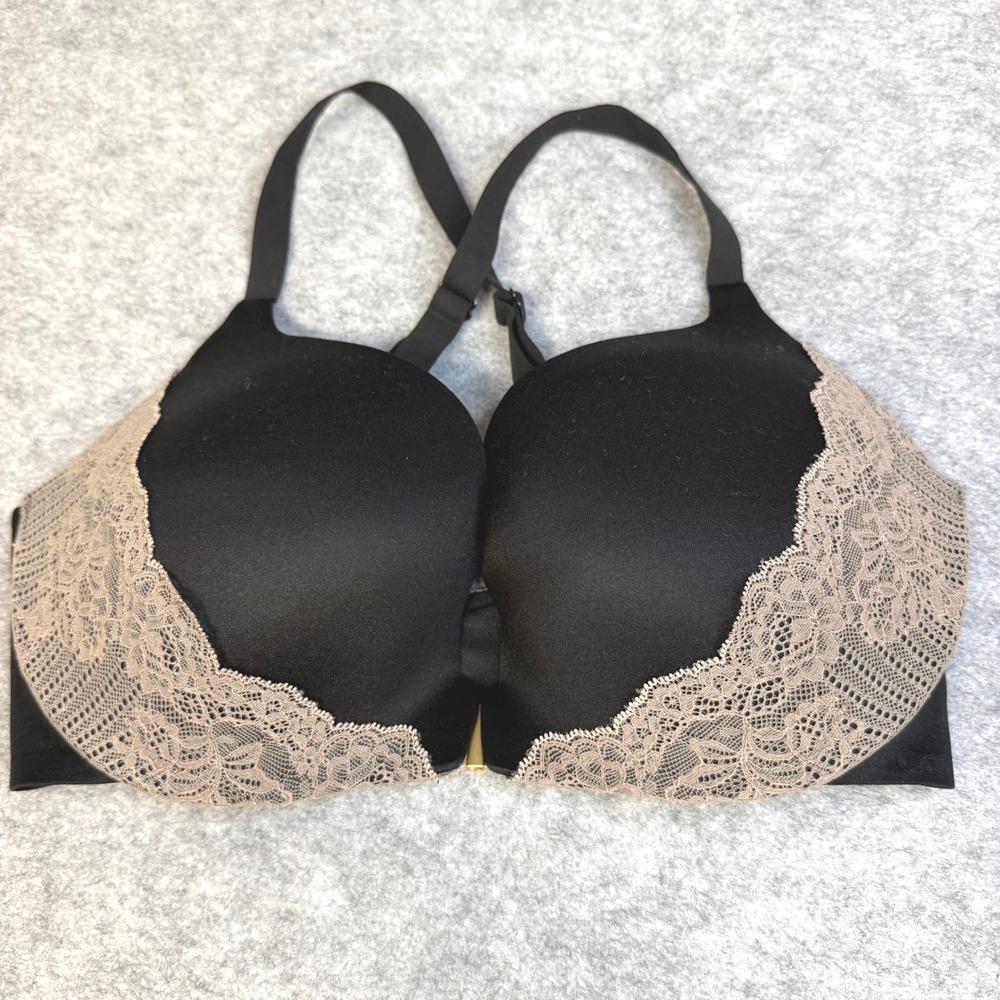 Victoria's Secret Black Lace Front-Close‎ Push-Up Bra 36DD Racerback Gold Clasp